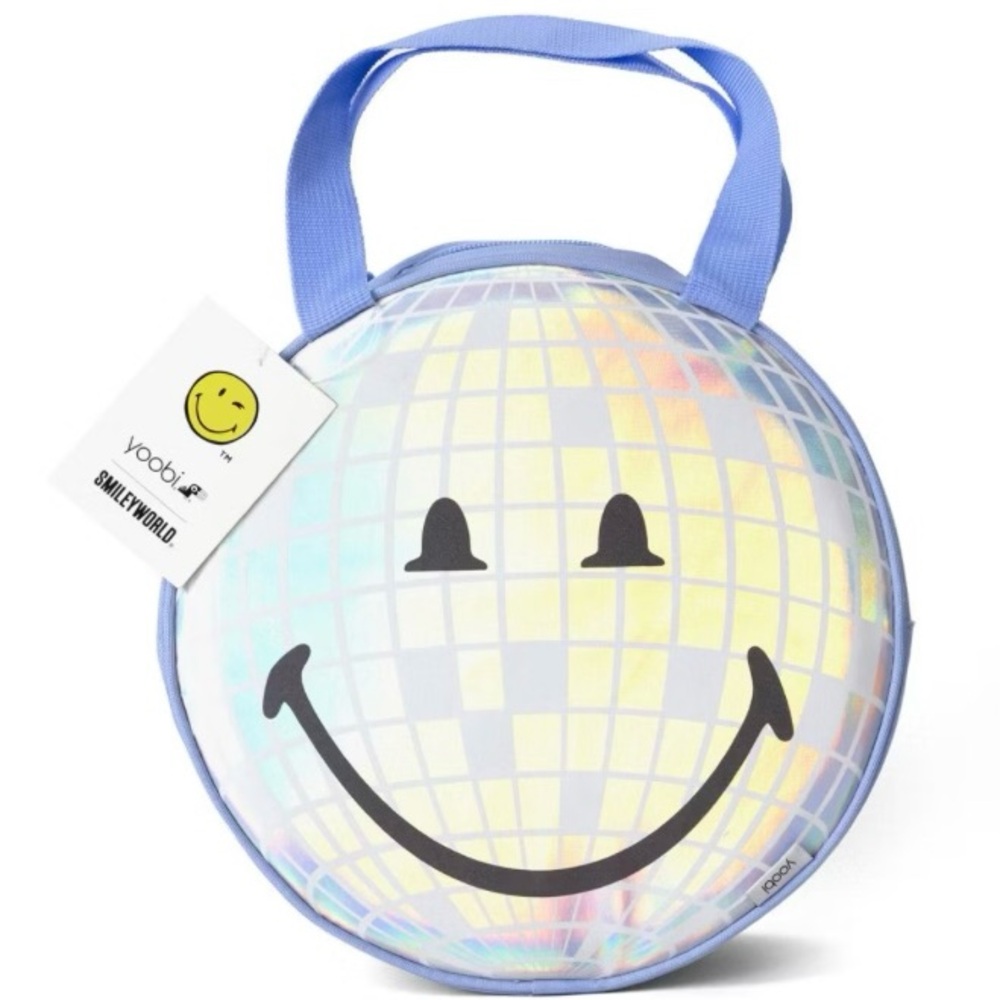 Round SmileyWorld disco ball blue lunch bag with insulated interior